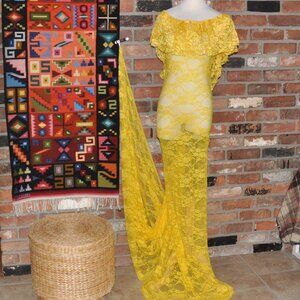 Sheer Lace Stretch Ruffle Open Back Bodycon Dress Clubwear Long Train Gown Party